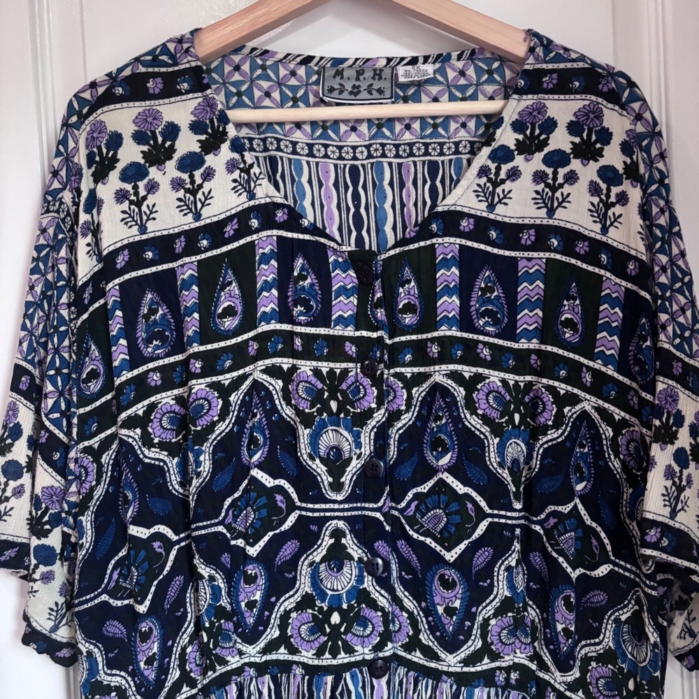 MPH Women 2X Blue Purple Boho Rayon Button Front Maxi Dress Mixed Print Tie Back - Picture 4 of 10